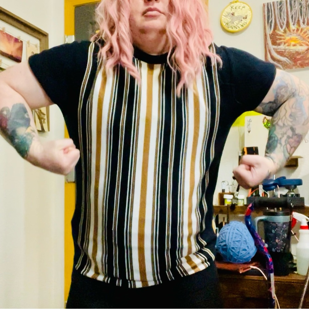 Striped Navy Blue, Gold, and White Knit Shirt